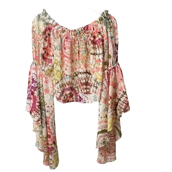 NWT Live 4 Truth Floral Boho Hippie Bell Sleeves Cropped Off Shoulder Flowy XS - Picture 2 of 15